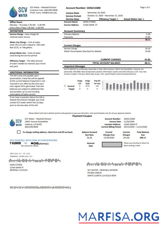 Printable USA California Santa Clarita SCV Water utility bill template in Word and PDF format